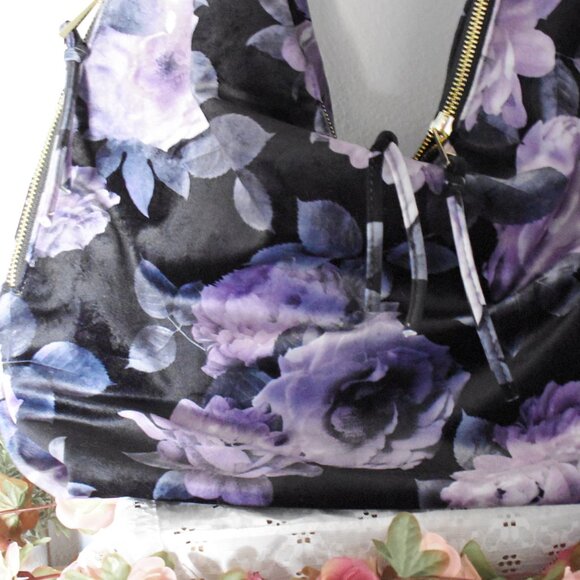 Tabitha Webb Velvet Black Purple Floral Roses Flowers Fairytale Purse Hobo Bag - Picture 3 of 12